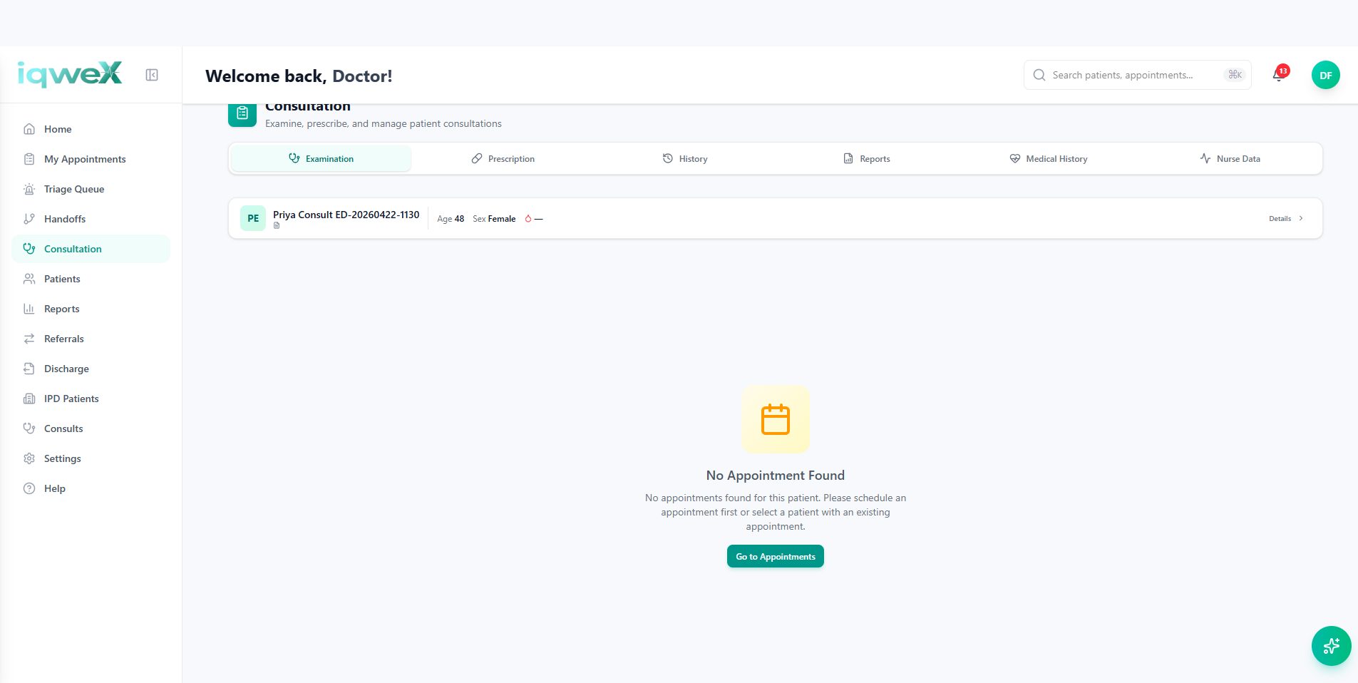 Iqwex doctor consultation interface showing examination, prescription and history tabs